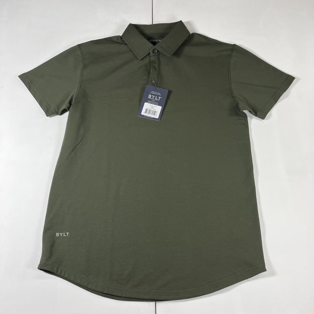 BYLT Premium Basics Drop Cut Lux Polo Men's Medium Forest Green Curved Hem NWT